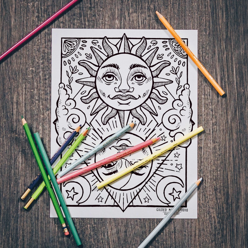 Sun and Moon Coloring Page Celestial Digital All Ages | Etsy