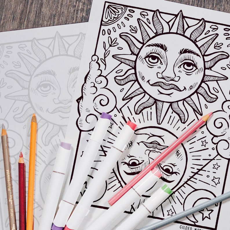 Sun and Moon Coloring Page Celestial Digital All Ages | Etsy