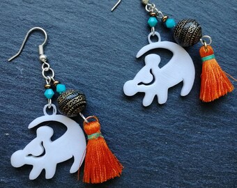 Theo&Alice 3D printed white lion and orange tassel dangle drop earrings, 3D printed jewellery, gift for her