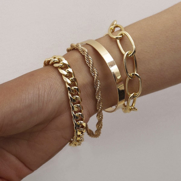 Gold Chain Stacking Bracelets 4 Pcs Set