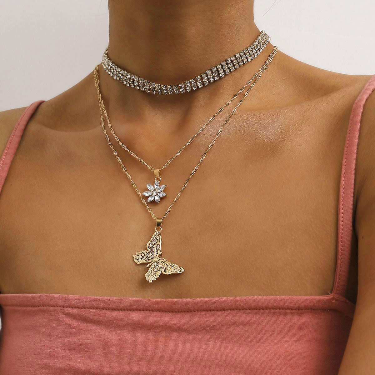 Gold Rhinestones Choker Butterfly Flower Statement Layering Etsy