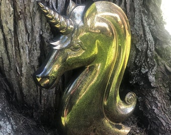 Large Unicorn Wall Art Hanging - RARE EARLY 1980's SYROCO #7636 in Antiqued Gold Finish