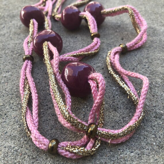 Vintage Gold, Pink and Plumb Beaded Rope Belt - image 2