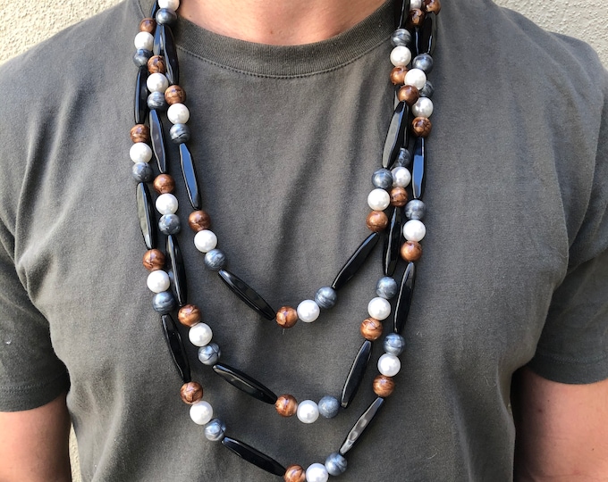 Vintage Black, Grey, White & Copper Colored Large Beaded Necklace