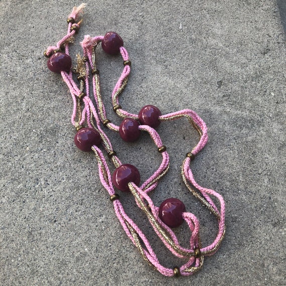 Vintage Gold, Pink and Plumb Beaded Rope Belt - image 3