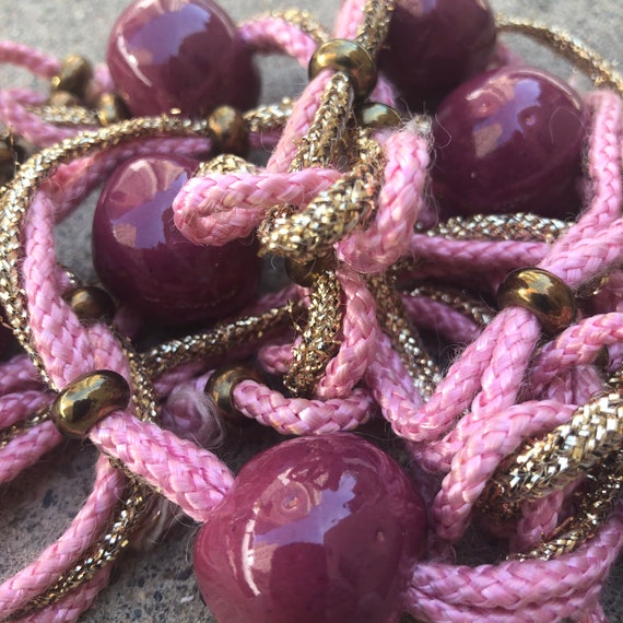 Vintage Gold, Pink and Plumb Beaded Rope Belt Gem