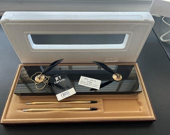 Vintage AT Cross Double #5205 Jet Black Crystal 10K Gold Filled Pen and Mechanical Pencil Desk Set. New Condition. Never Used!
