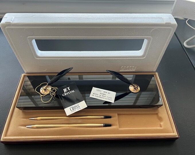 Vintage AT Cross Double #5205 Jet Black Crystal 10K Gold Filled Pen and Mechanical Pencil Desk Set. New Condition. Never Used!