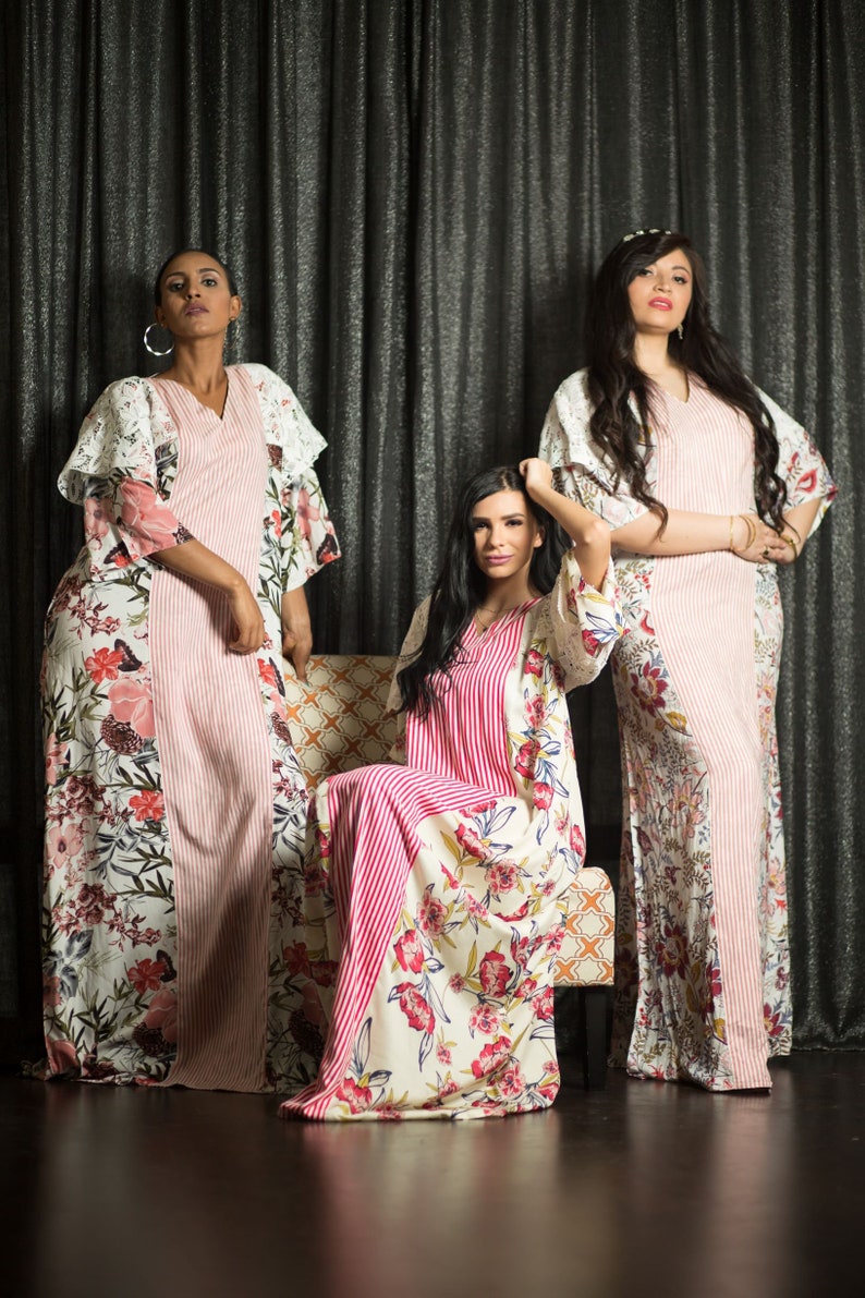 Pink cotton stripe long kaftan loungewear bridesmaid dress maternity wife gift anniversary plus size maxi boho tunic sleepwear dressing gown