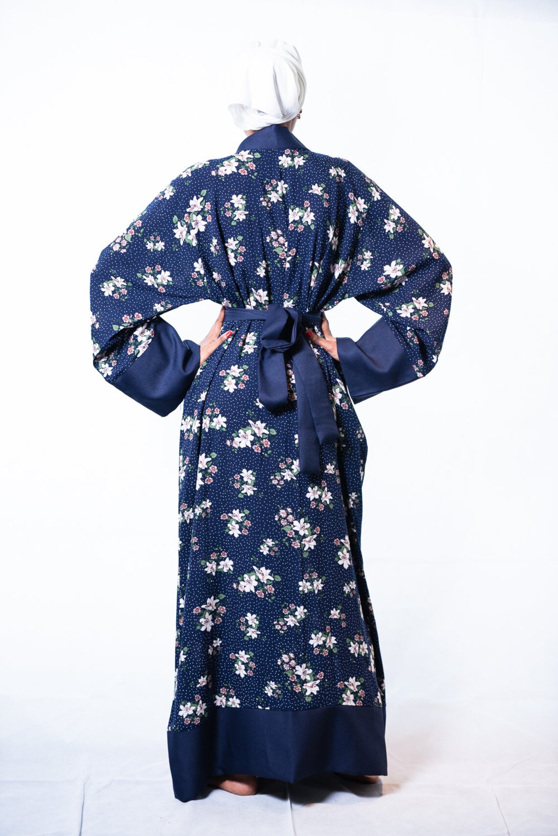 Navy blue cotton kimono floral dressing gown kimono wrap Etsy
