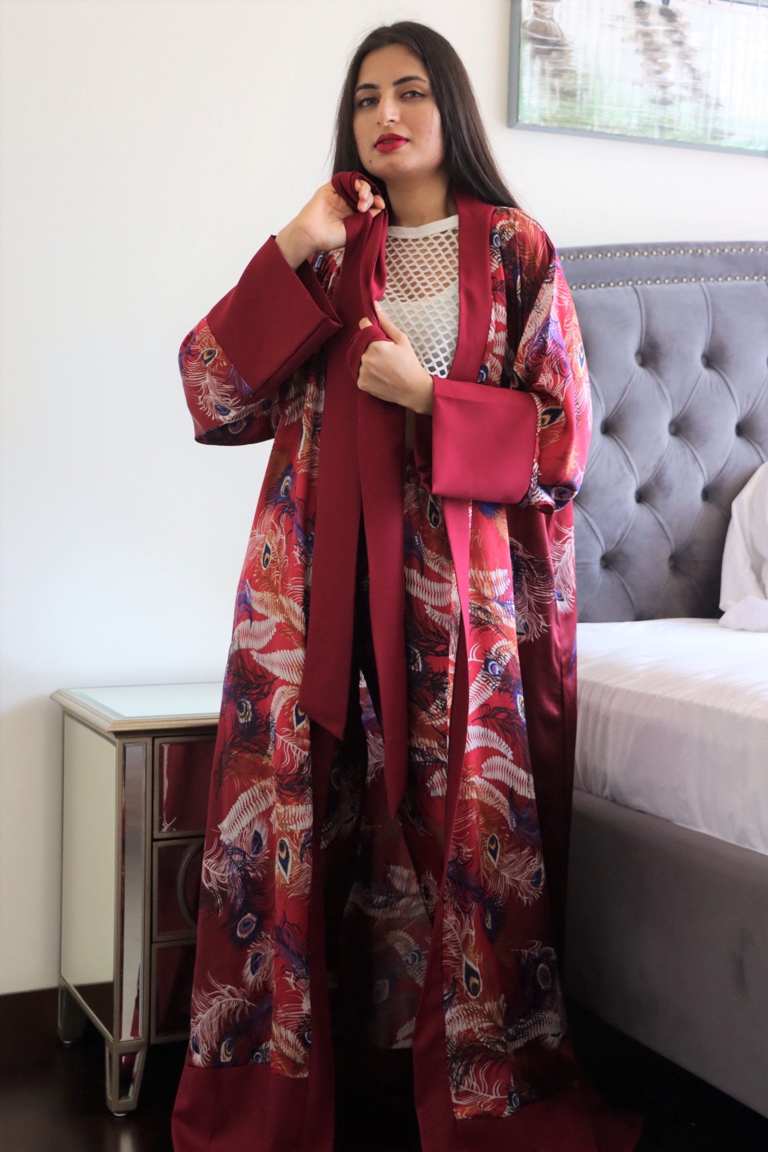 Burgundy Red silk kimono & pant set Peacock design robe Etsy
