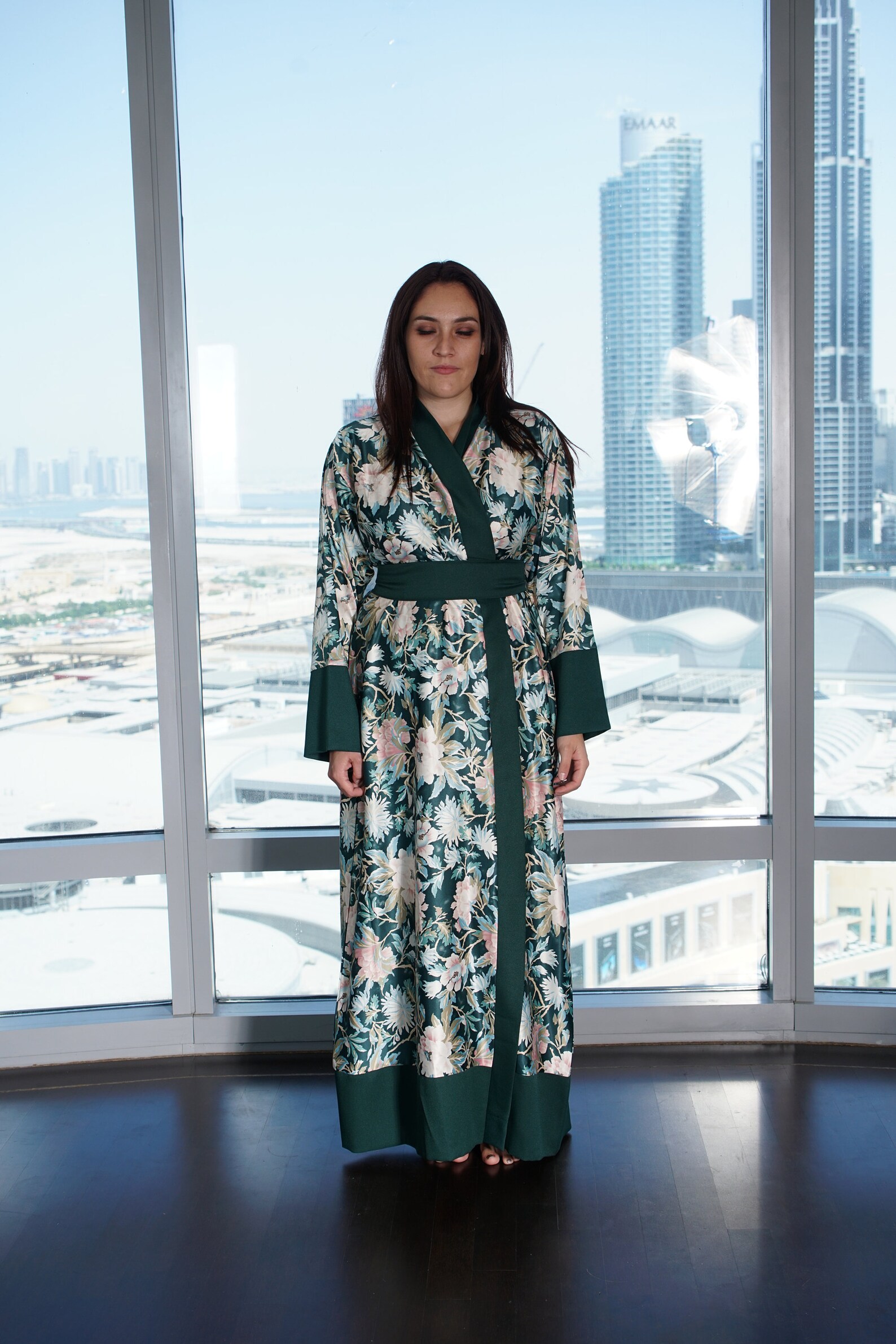 green satin kimono