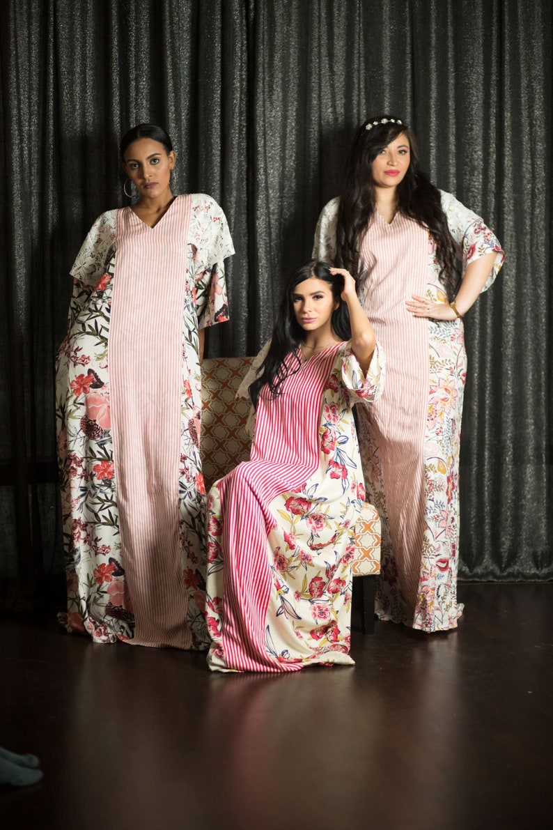 Pink cotton stripe long kaftan loungewear bridesmaid dress maternity wife gift anniversary plus size maxi boho tunic sleepwear dressing gown