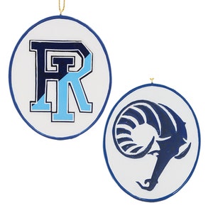 May include: Two round ornaments with a white background and blue trim. One features the letters "FR" in dark and light blue. The other displays a dark blue ram's head. Both have gold string for hanging.