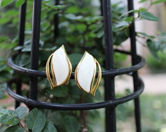 Vintage Monet White and Gold Enamel Leaf Earrings