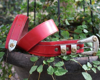 Red Leather Belt with Floral Buckle Embellishments