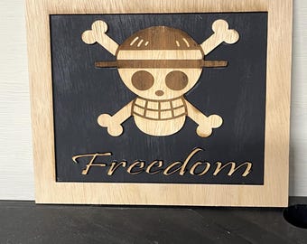 3D Wood Engraved One Piece Straw Hat Jolly Roger Framed