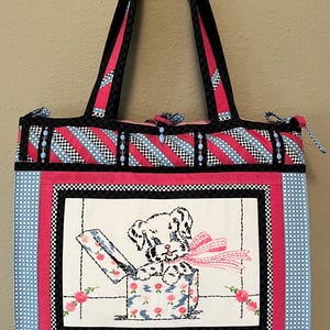 Large TOTE Bag with VINTAGE EMBROIDERY — Dog-in-a- Box - Scotty, Scottie, Pup, Puppy Surprise Package