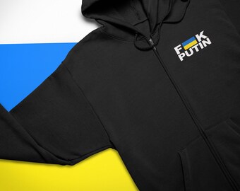 F Putin Hoodie, Ukraine Hoodie, Ukrainian Flag Full Zip Hooded Sweatshirt