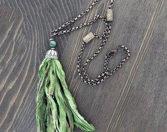 Sari Silk Tassel Pendant Necklace Jade India Nepal Sustainable Jewelry