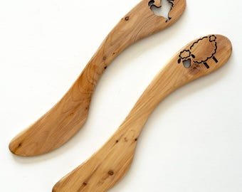 Latvian Butter Cheese Spreaders Natural Wood Hand Crafted Set of 2 Vintage