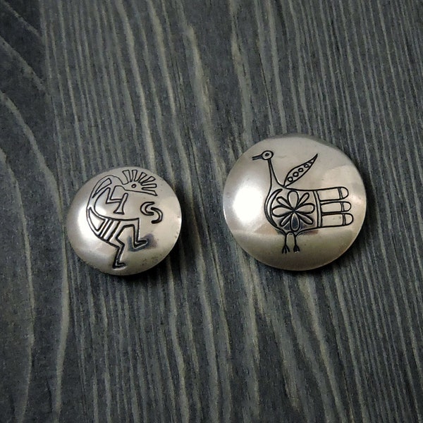 Native American Button Covers Sterling Silver Pueblo Bird Kokopelli Vintage