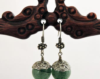 Natural Green Jade Earrings Gemstone Drop Dangle Lotus Prosperity Good Luck