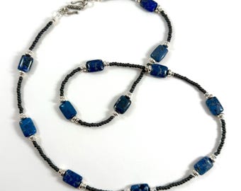 Lapis Lazuli Long Necklace Blue Silver Gemstone Rectangular Artisan Crafted