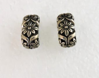 Sterling Silver Embossed Earrings Vintage Daisies Flowers Heavy Weight