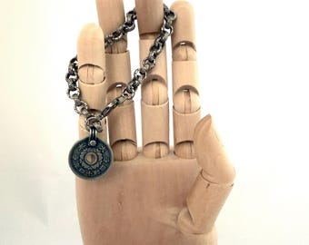 Asian Coin Charm Bracelet Pewter Lotus Flower Waves Enlightenment Prosperity Wellness