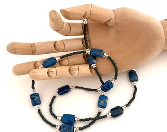 Lapis Lazuli Long Necklace Blue Silver Gemstone Rectangular Artisan Crafted