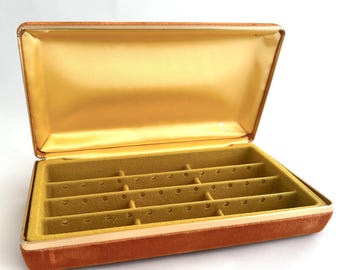 Prestige Pierced Earring Jewelry Box Organizer Vintage Mid Century Burnt Orange Velvet