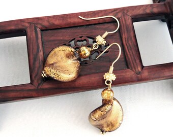 Murano Glass Earrings Twisted Leaf Amethyst Gold Foil Venetian Glass Italy