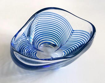 Bettina Foothorap Bowl Mouth Blown Art Glass Cobalt Blue Abstract Organic Vintage