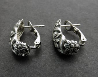Sterling Silver Embossed Huggie Earrings Vintage Oxidized Flowers Heavy Weight
