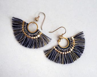 Tassel Fan Earrings Woven Dangle Black Bali Gold Accents Boho Ethnic Earrings