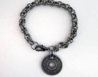 Asian Coin Charm Bracelet Pewter Lotus Flower Waves Enlightenment Prosperity Wellness