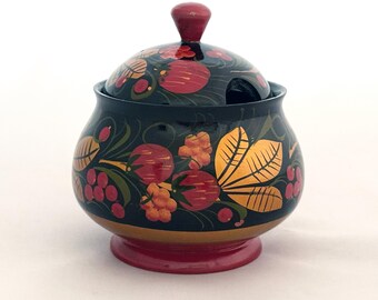 Khokhloma Lacquer Hand Painted Bowl with Lid Vintage хохлома Russian Folk Craft