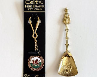Welsh Dragon Sea Gems Keychain Bag Charm Keyring Collector’s Spoon Wales Celtic Souvenirs Vintage