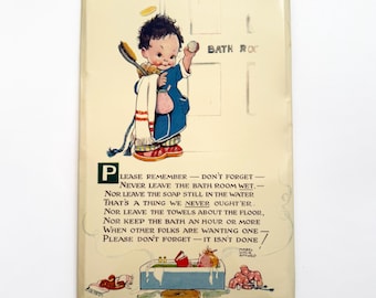 Bathroom Rules “Please Remember” Wall Hanging Mabel Lucie Attwell Original Vintage Sign 1940s