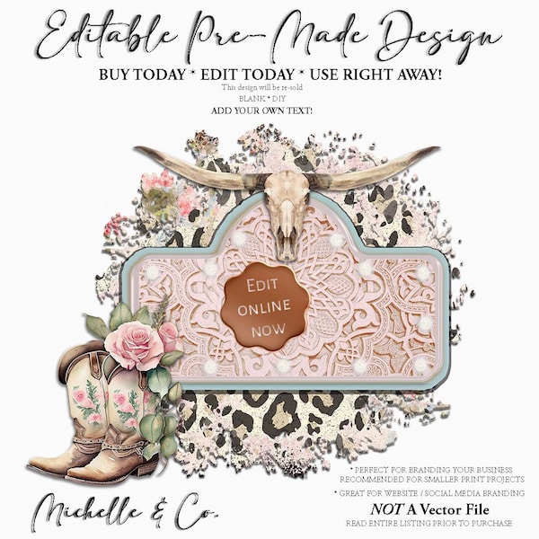 Editable Skull Cowgirl Boots Floral Design, Boutique Logo, Western png, Cheetah, Leopard Logo Design, Cow Skull, Western Logo