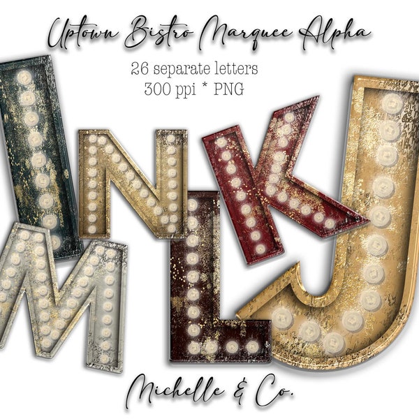 Gold Splatter Marquee Letters, Uptown Bistro Marquee Font, Letters with Lights, Light Up Letters, Western Font, Graphic Design, PNG, Clipart