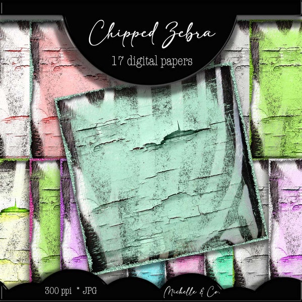 Chipped Zebra Digital Scrapbooking Paper Pack, 12 inch Scrapbooking Papers JPG, Planner Paper, Animal Print Paper, Glitter Chippy Paper