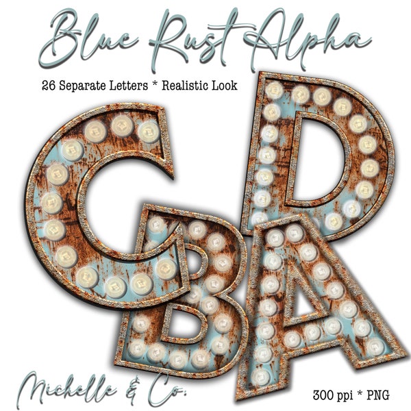 Lettres de chapiteau de rouille bleue, utilisation commerciale, police de chapiteau, lettres avec des lumières, lettres lumineuses, police occidentale, conception graphique, rustique, Clipart