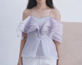 silk satin top, special occasion top, lilac dress shirt, purple organza top