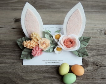 Wool Felt Bunny Ears, Flower Bunny Ears headband, felt headband, Easter flower headband, Floral Ears Crown, Bunny headband