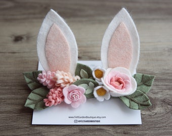 Wool Felt Bunny Ears, Flower Bunny Ears headband, felt headband, Easter flower headband, Floral Ears Crown, Bunny headband, Easter Bunny