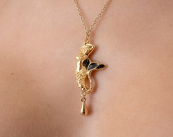Gold Mermaid Pendant Necklace Jewelry Teardrop