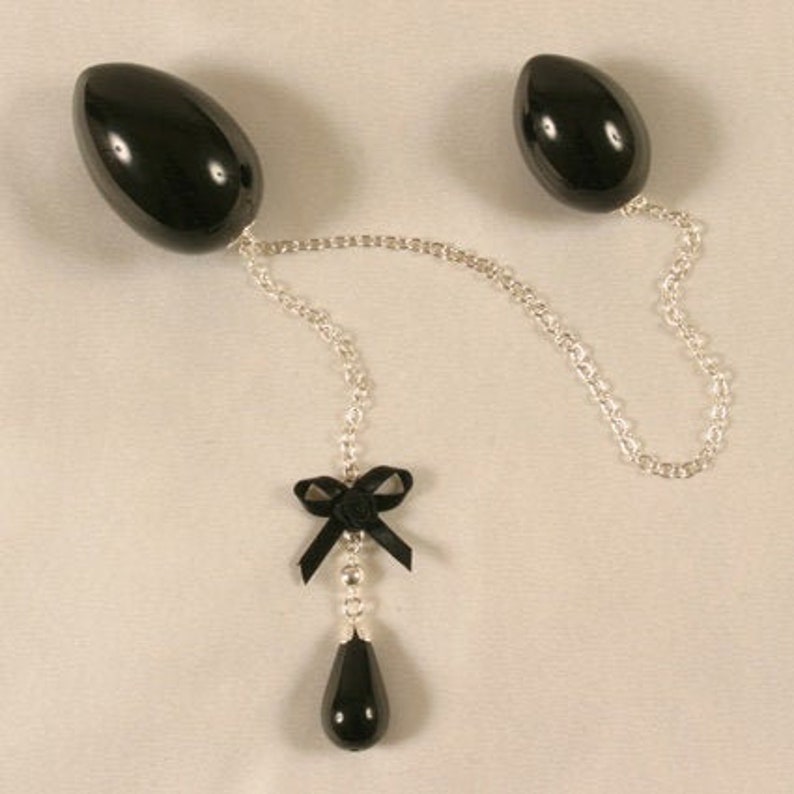 Insertable Black Double Penetrating Eggs with Silver Chain and Bow 