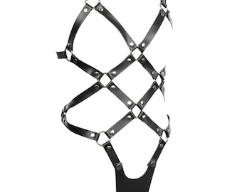 Womens Open Cup Leather Body Adjustable Chest Harness Bra Lingerie